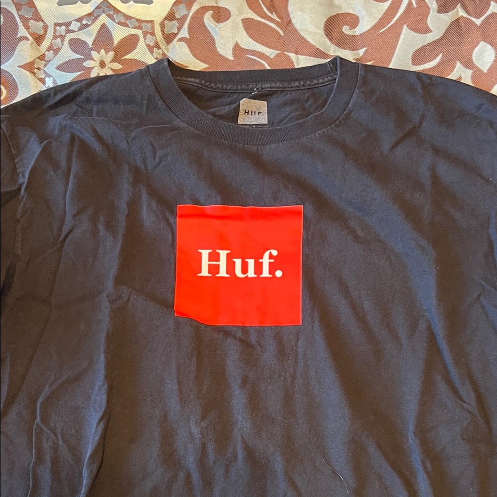 HUF Black Tee with Vibrant Red Square Logo